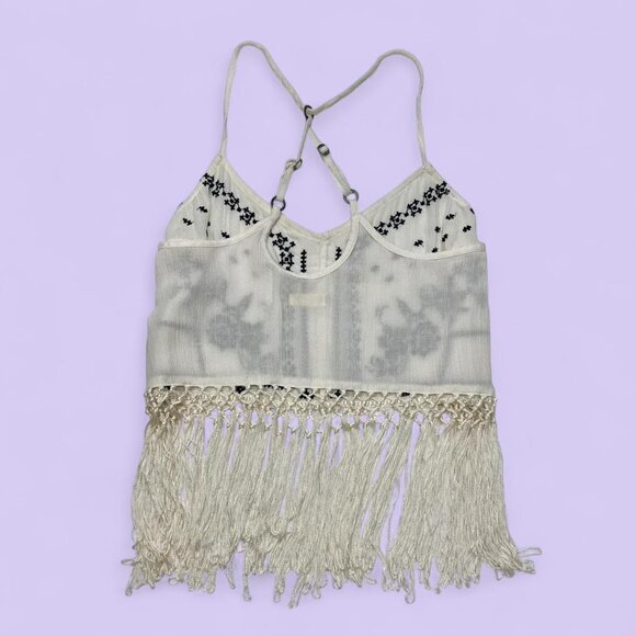 Hollister Cream & Navy Embroidered Fringe Tank Top – Size XS - Picture 5 of 8